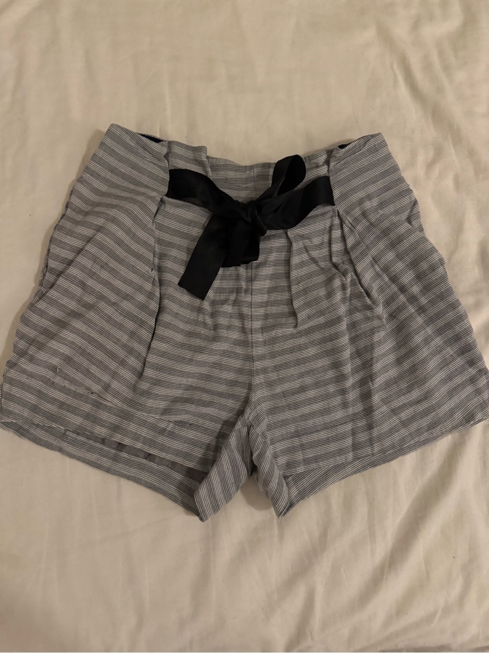 elevenses Gray Striped High-Rise Shorts with Black Ribbon